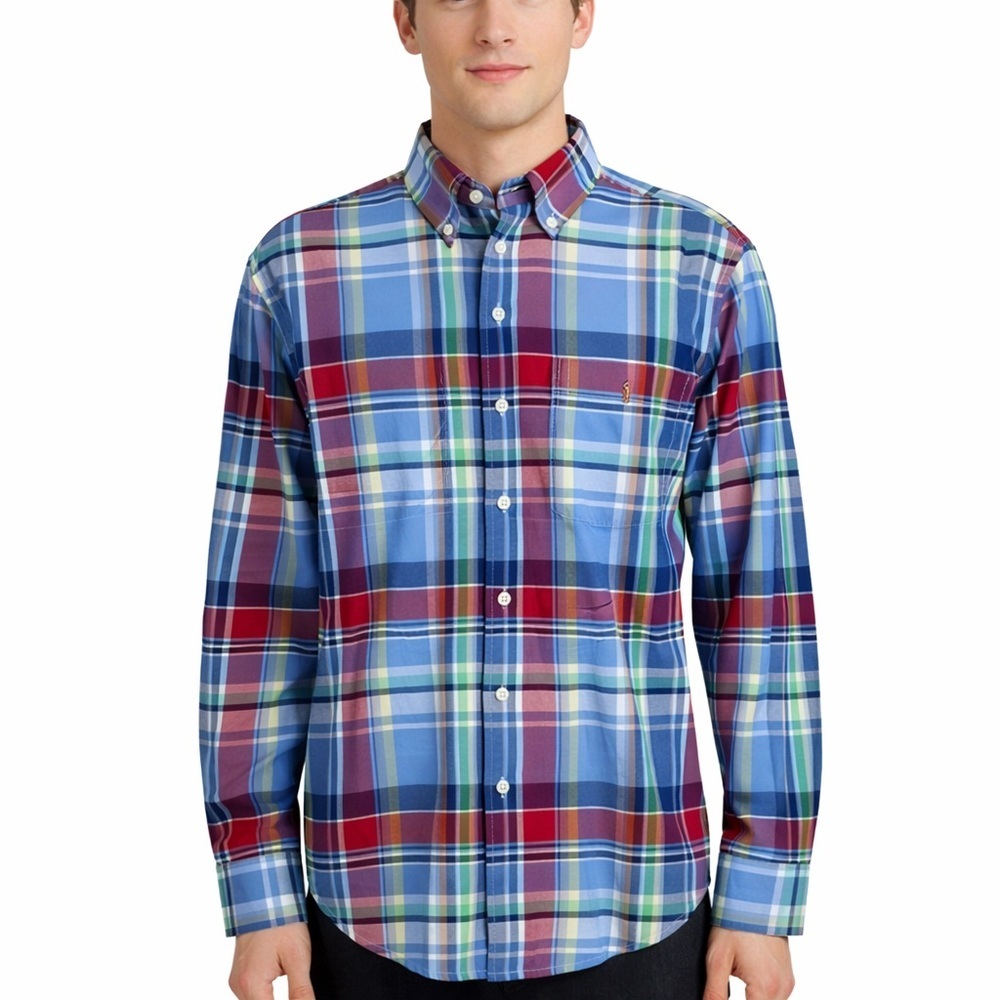 Ralph Lauren Blue Lapel Mens Size L Plaid Button Shirt Embroidered Polo Pony
